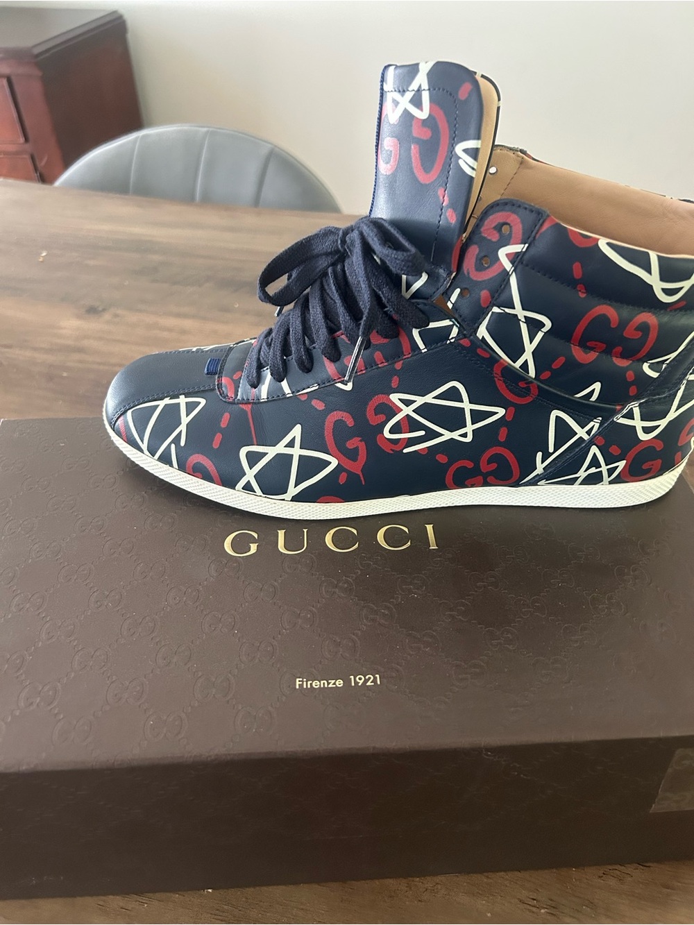 Gucci Navy High-Top Sneaker with Red and White Graffiti Motif